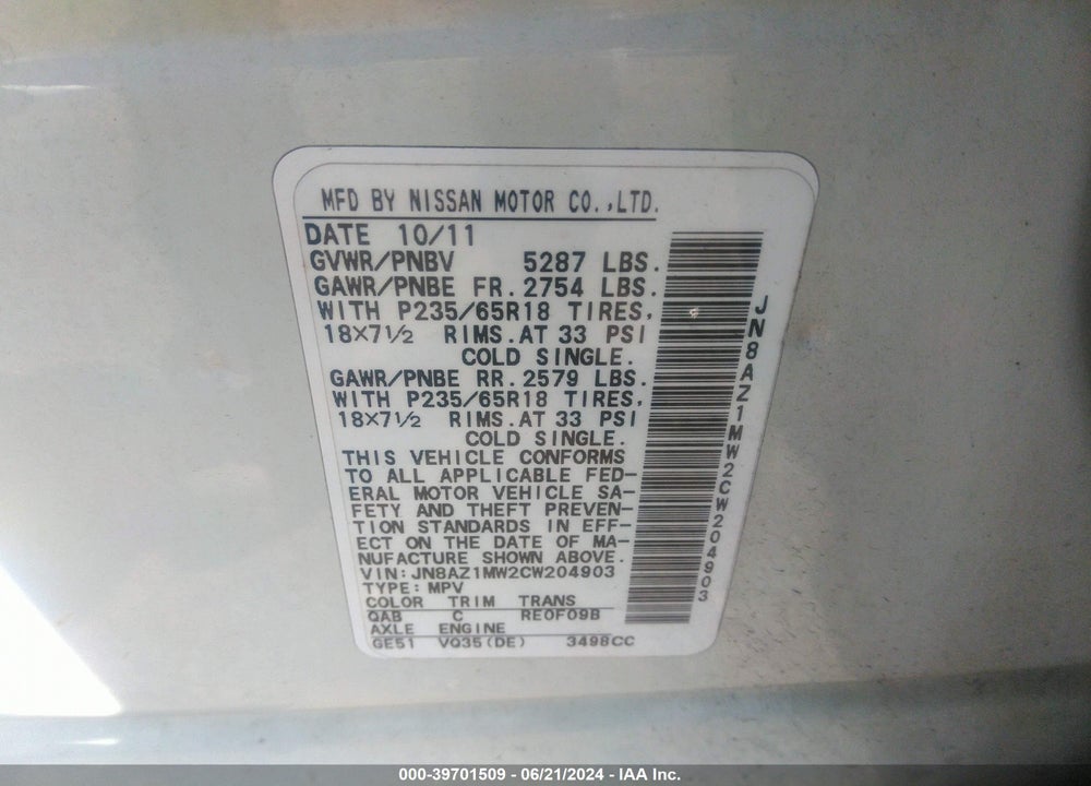 2012 NISSAN MURANO S VIN: JN8AZ1MW2CW204903