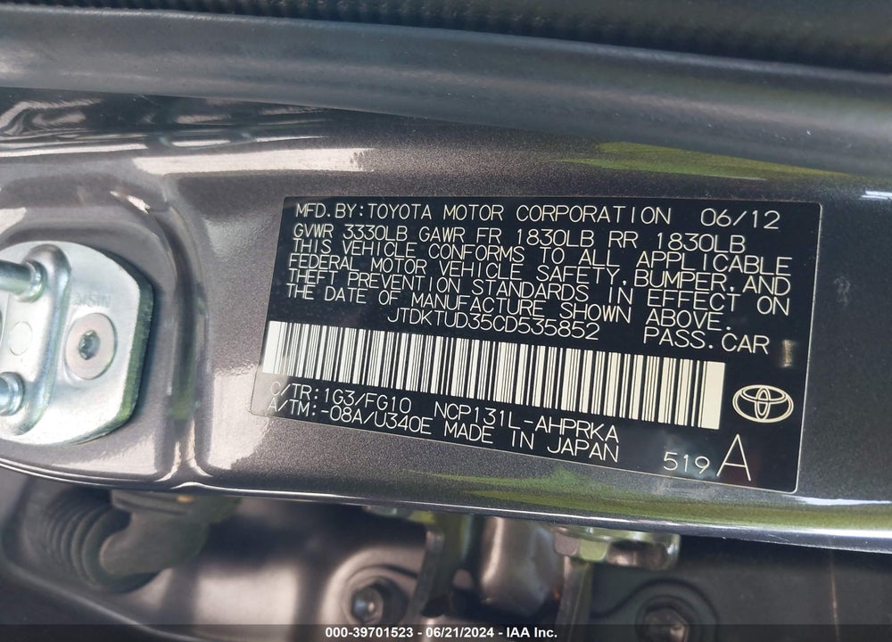 2012 TOYOTA YARIS LE VIN: JTDKTUD35CD535852