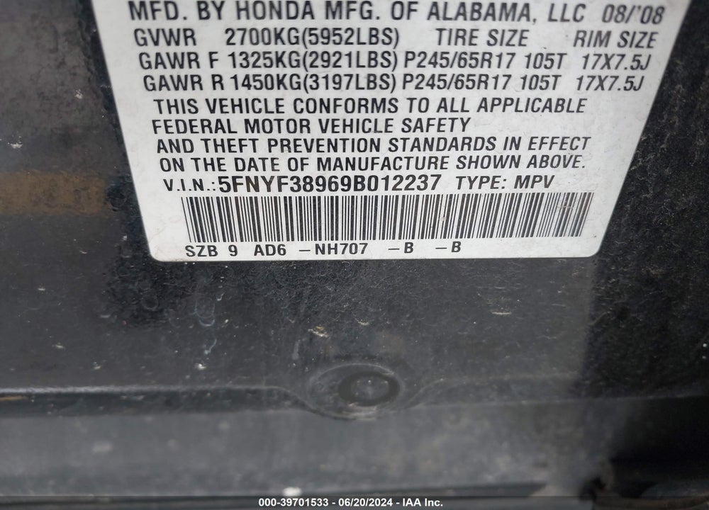 2009 HONDA PILOT TOURING VIN: 5FNYF38969B012237