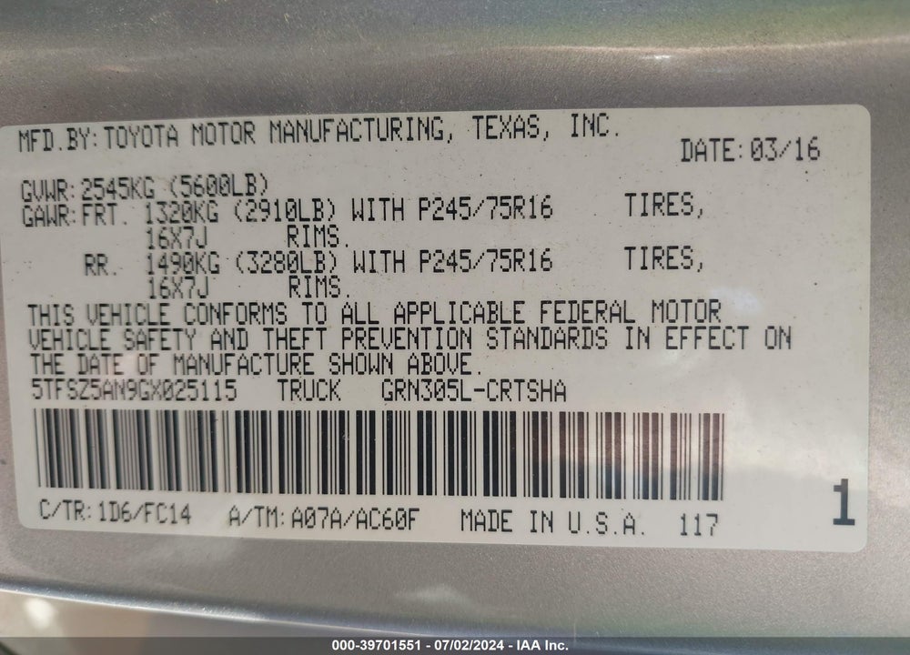 2016 TOYOTA TACOMA SR5 V6 VIN: 5TFSZ5AN9GX025115