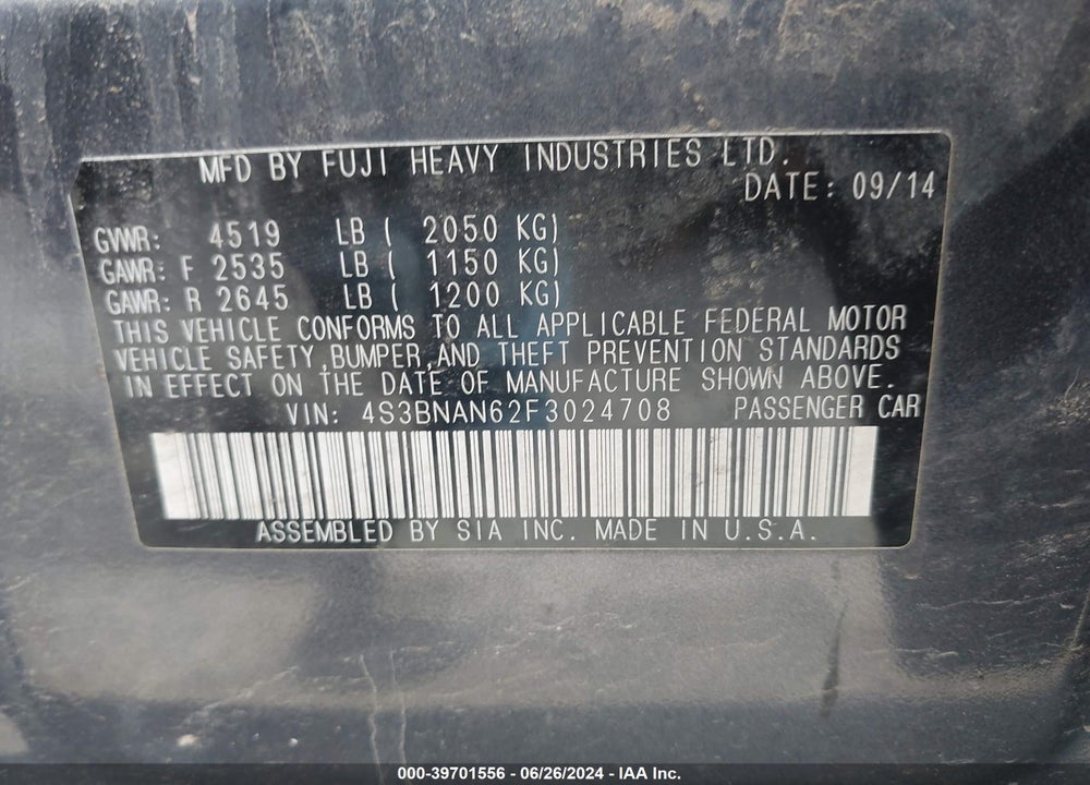 2015 SUBARU LEGACY 2.5I LIMITED VIN: 4S3BNAN62F3024708