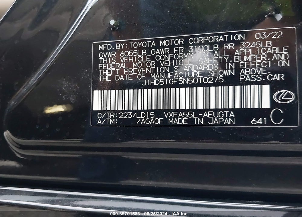 2022 LEXUS LS 500 VIN: JTHD51GF5N5010275
