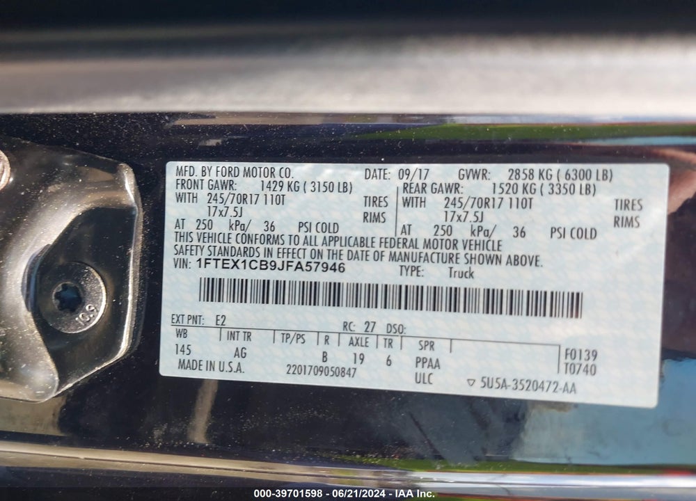 2018 FORD F-150 XL VIN: 1FTEX1CB9JFA57946