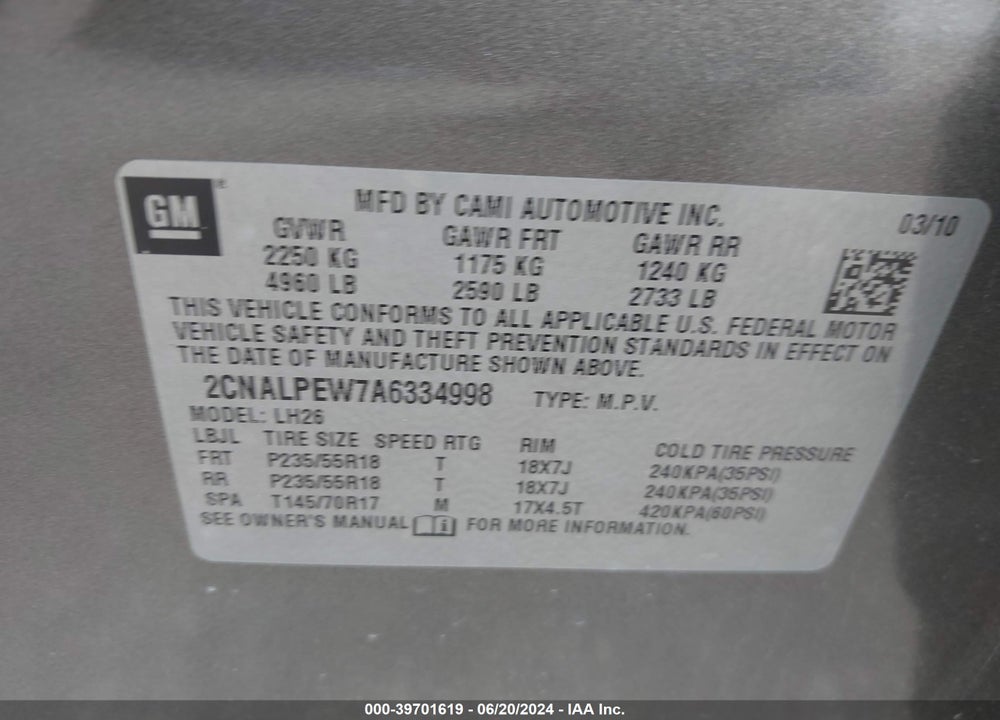 2010 CHEVROLET EQUINOX LT VIN: 2CNALPEW7A6334998