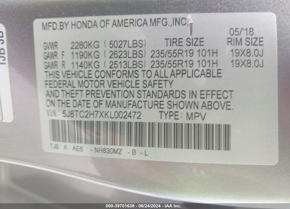 2019 ACURA RDX ADVANCE PACKAGE VIN: 5J8TC2H7XKL002472