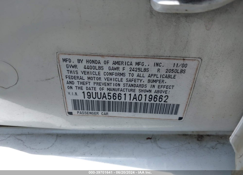 2001 ACURA TL 3.2 VIN: 19UUA56611A019662