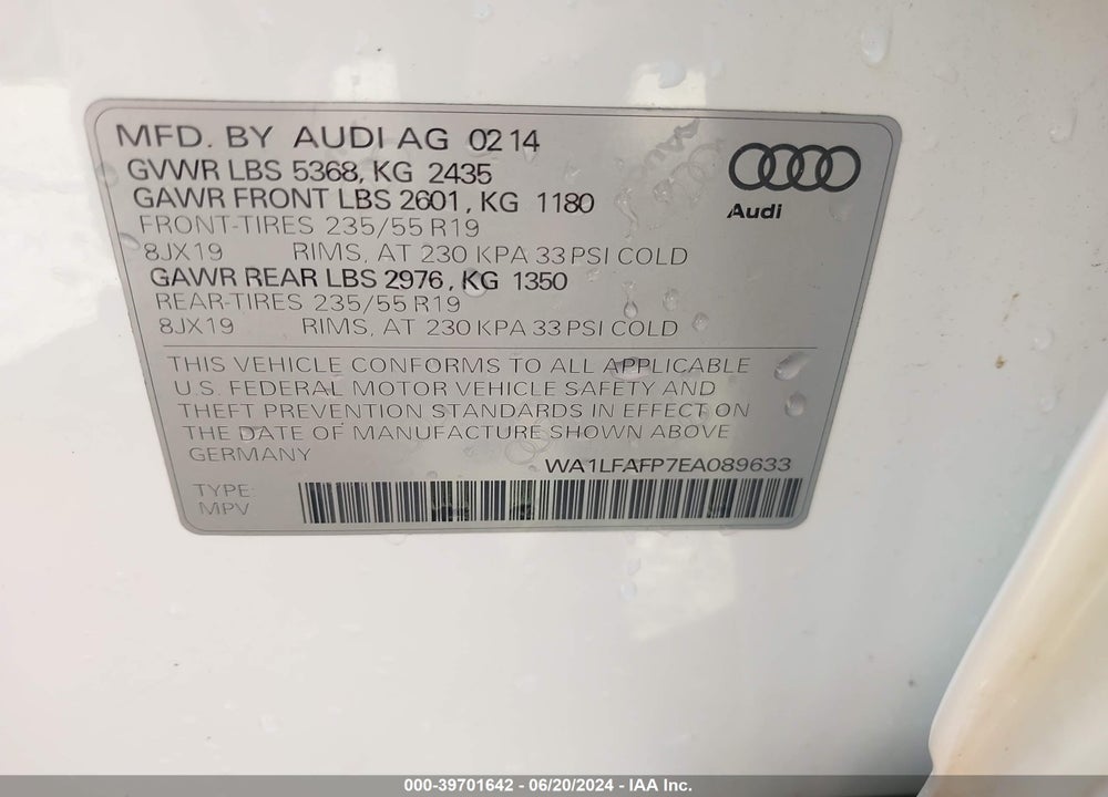 2014 AUDI Q5 2.0T PREMIUM VIN: WA1LFAFP7EA089633