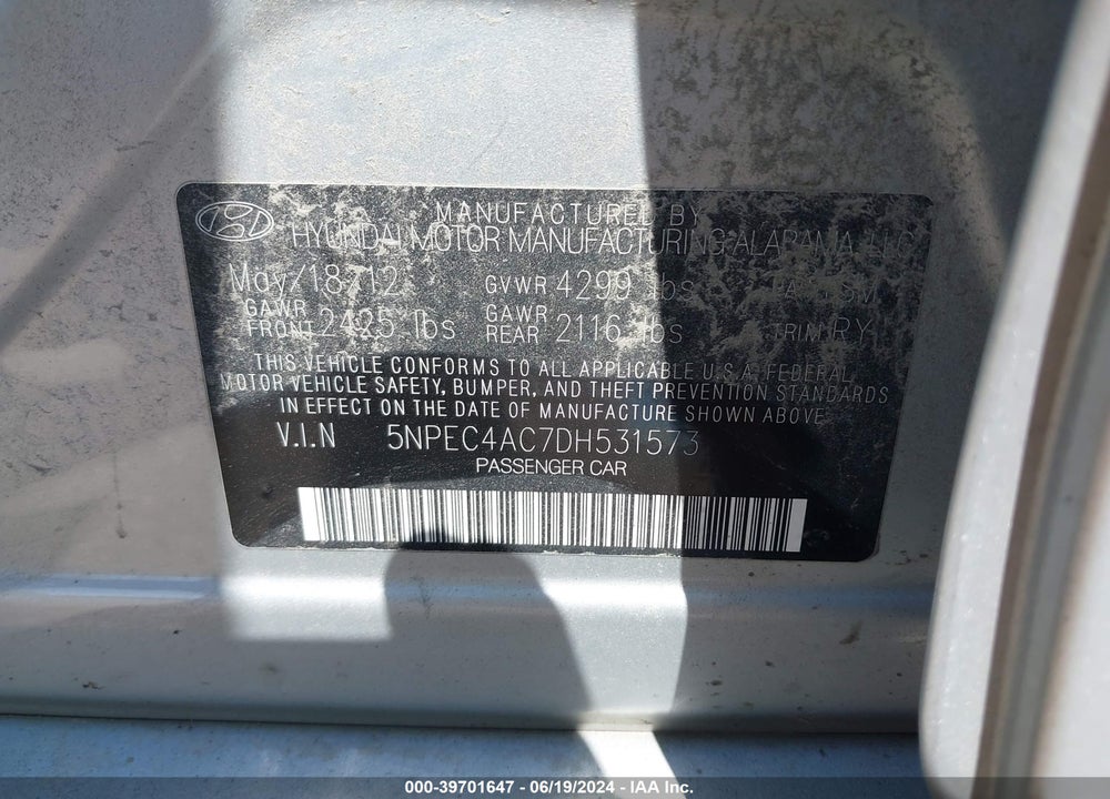 2013 HYUNDAI SONATA LIMITED VIN: 5NPEC4AC7DH531573