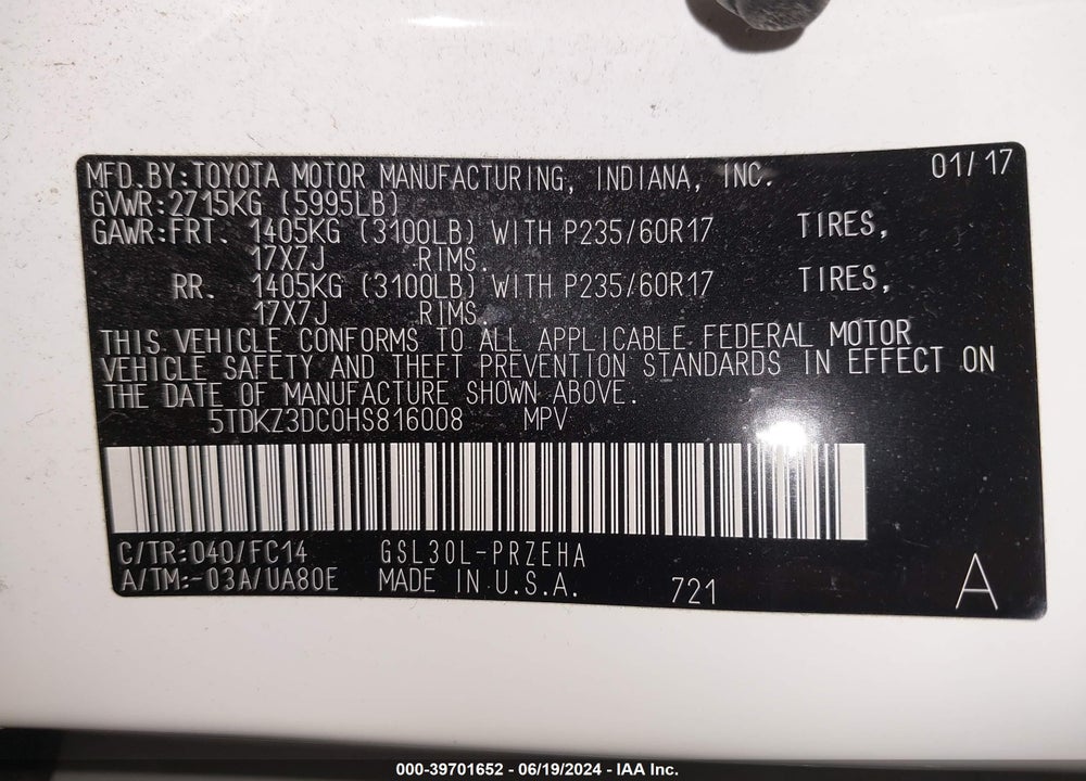 2017 TOYOTA SIENNA LE 8 PASSENGER VIN: 5TDKZ3DC0HS816008
