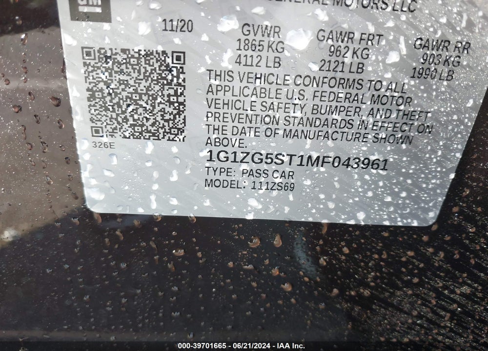 2021 CHEVROLET MALIBU FWD RS VIN: 1G1ZG5ST1MF043961