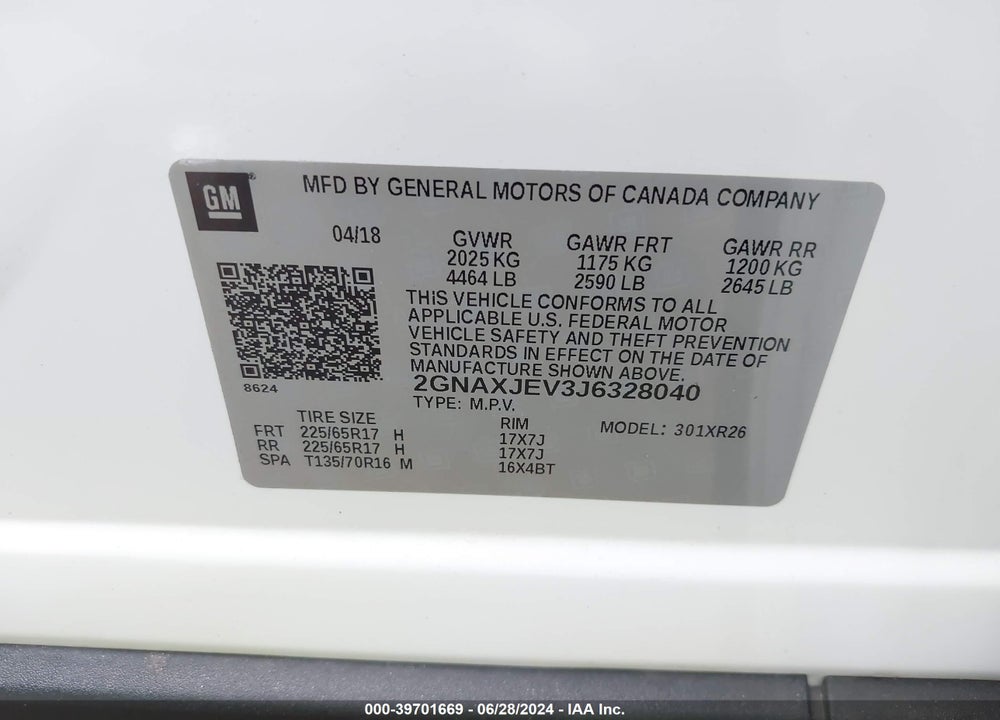 2018 CHEVROLET EQUINOX LT VIN: 2GNAXJEV3J6328040