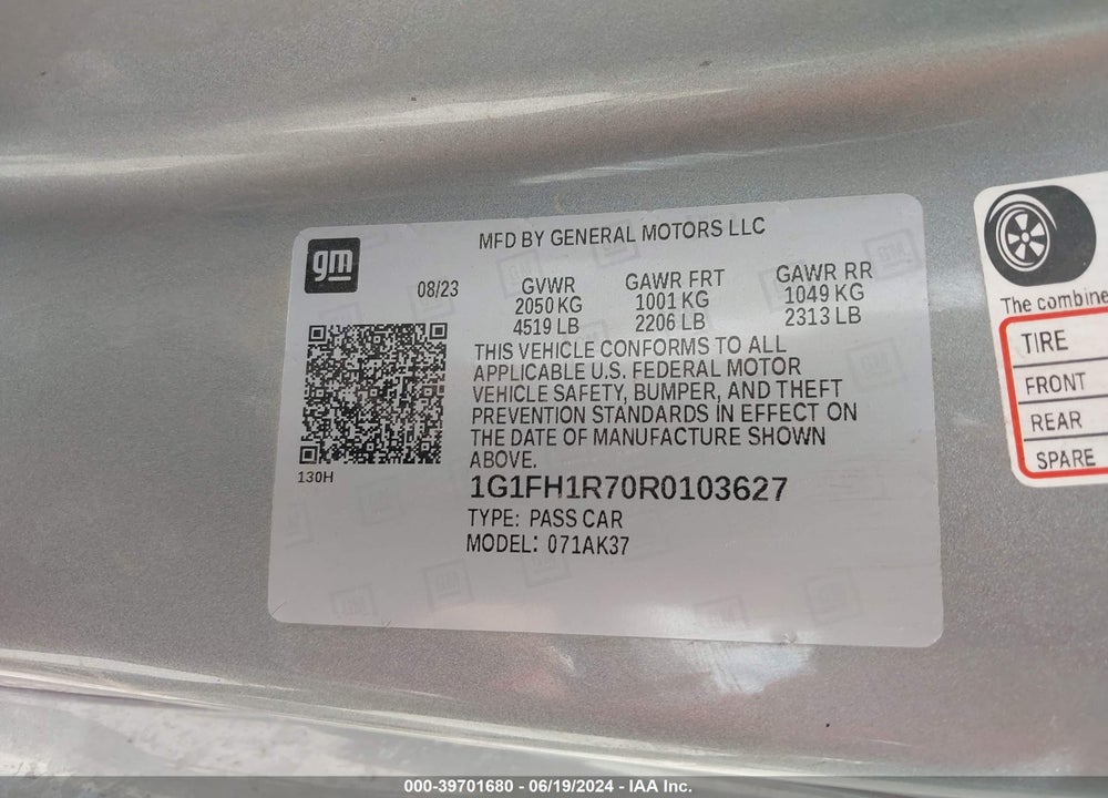 2024 CHEVROLET CAMARO VIN: 1G1FH1R70R0103627