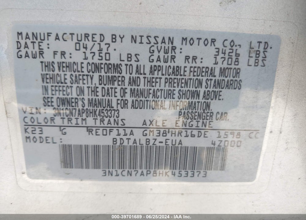 2017 NISSAN VERSA 1.6 SV VIN: 3N1CN7AP8HK453373