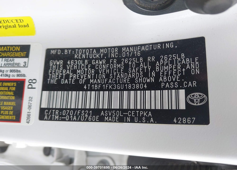 2016 TOYOTA CAMRY SE VIN: 4T1BF1FK3GU183804