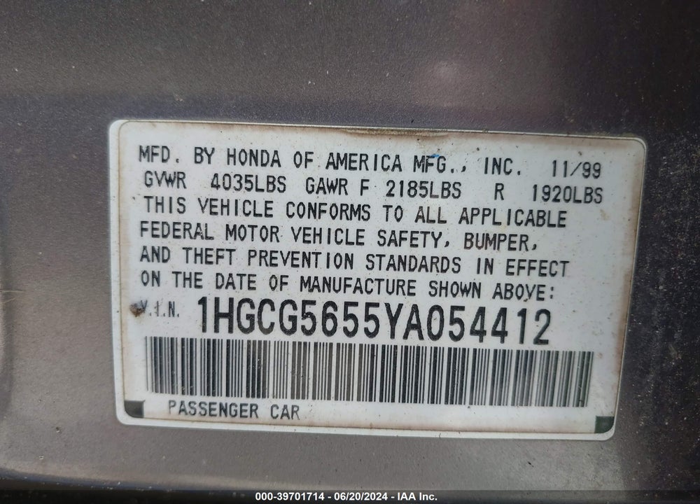 2000 HONDA ACCORD 2.3 EX VIN: 1HGCG5655YA054412