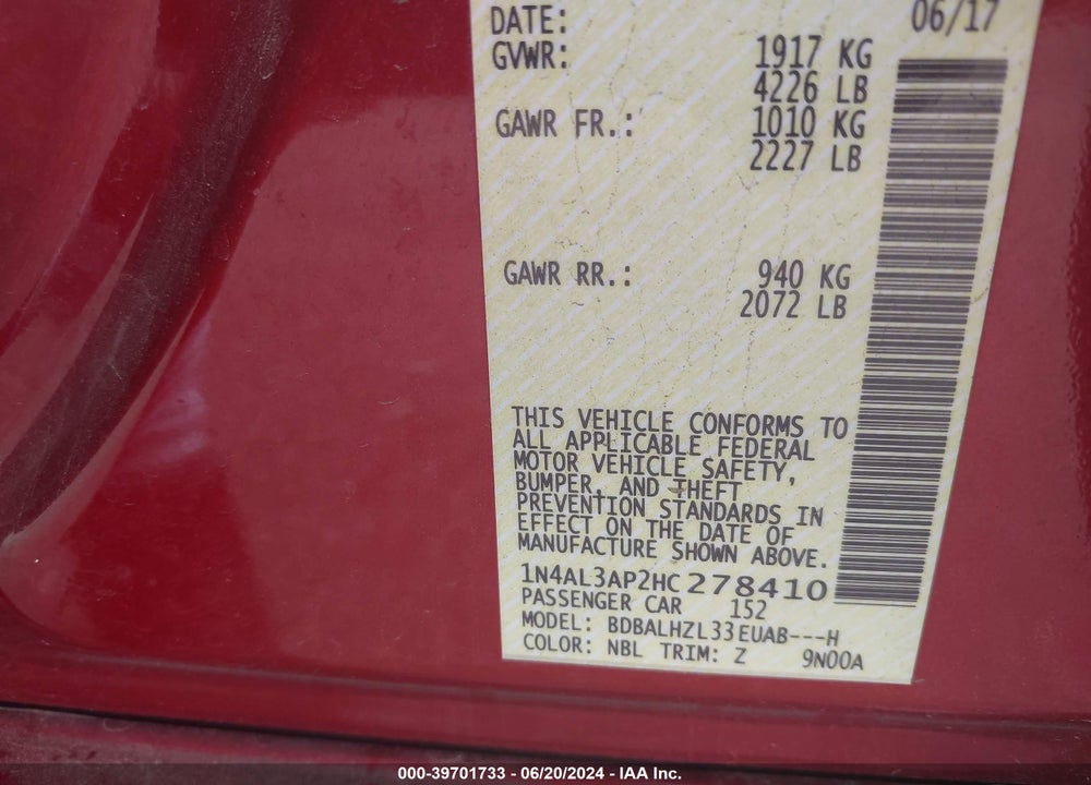 2017 NISSAN ALTIMA 2.5 SR VIN: 1N4AL3AP2HC278410