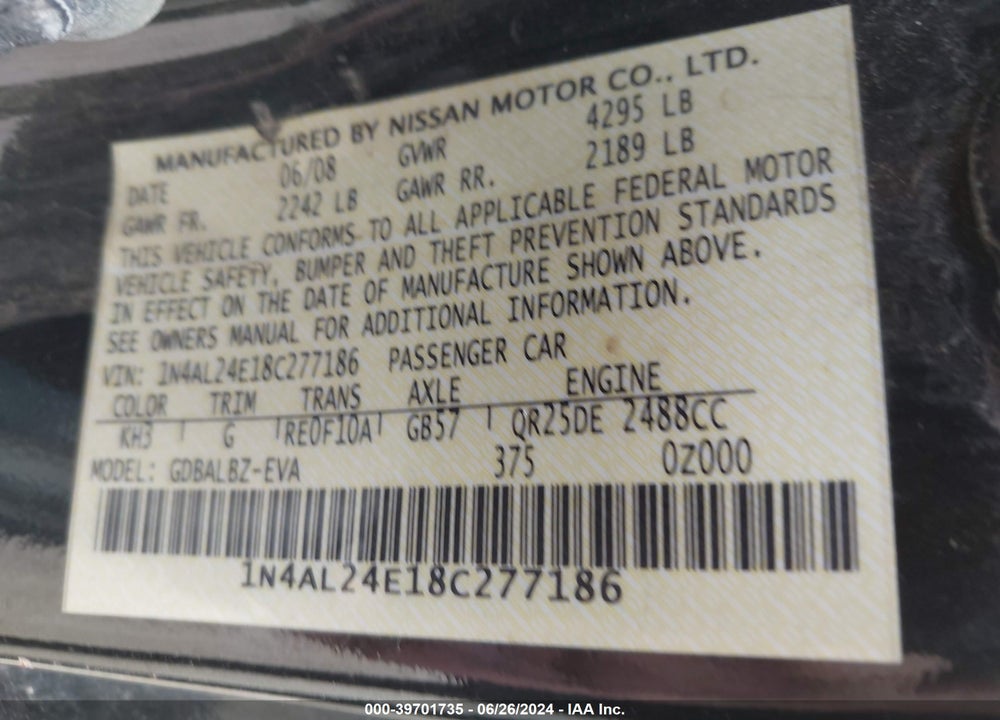 2008 NISSAN ALTIMA 2.5 S VIN: 1N4AL24E18C277186