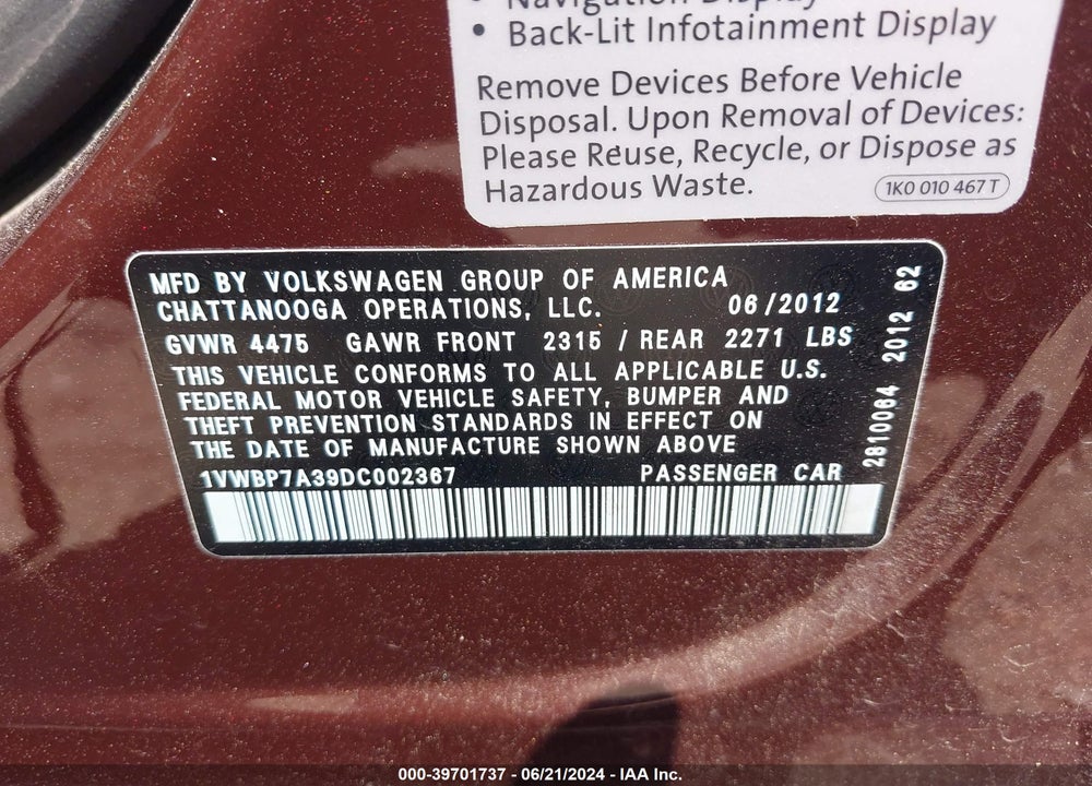 2013 VOLKSWAGEN PASSAT 2.5L SE VIN: 1VWBP7A39DC002367