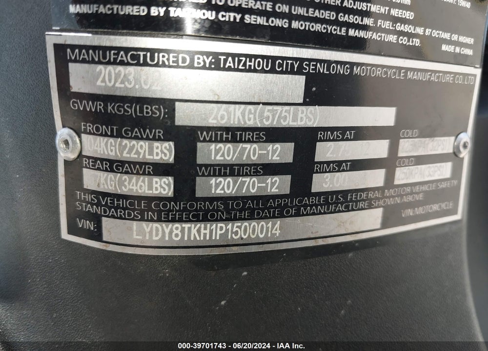 2023 YIBEN 8 SERIES VIN: LYDY8TKH1P1500014