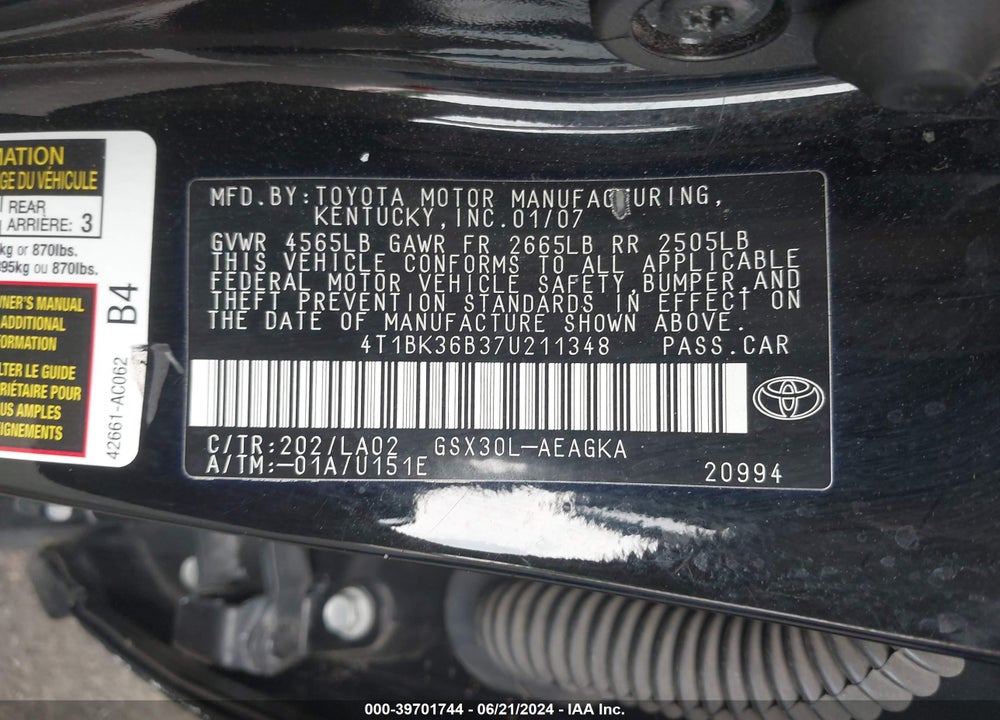 2007 TOYOTA AVALON XLS VIN: 4T1BK36B37U211348
