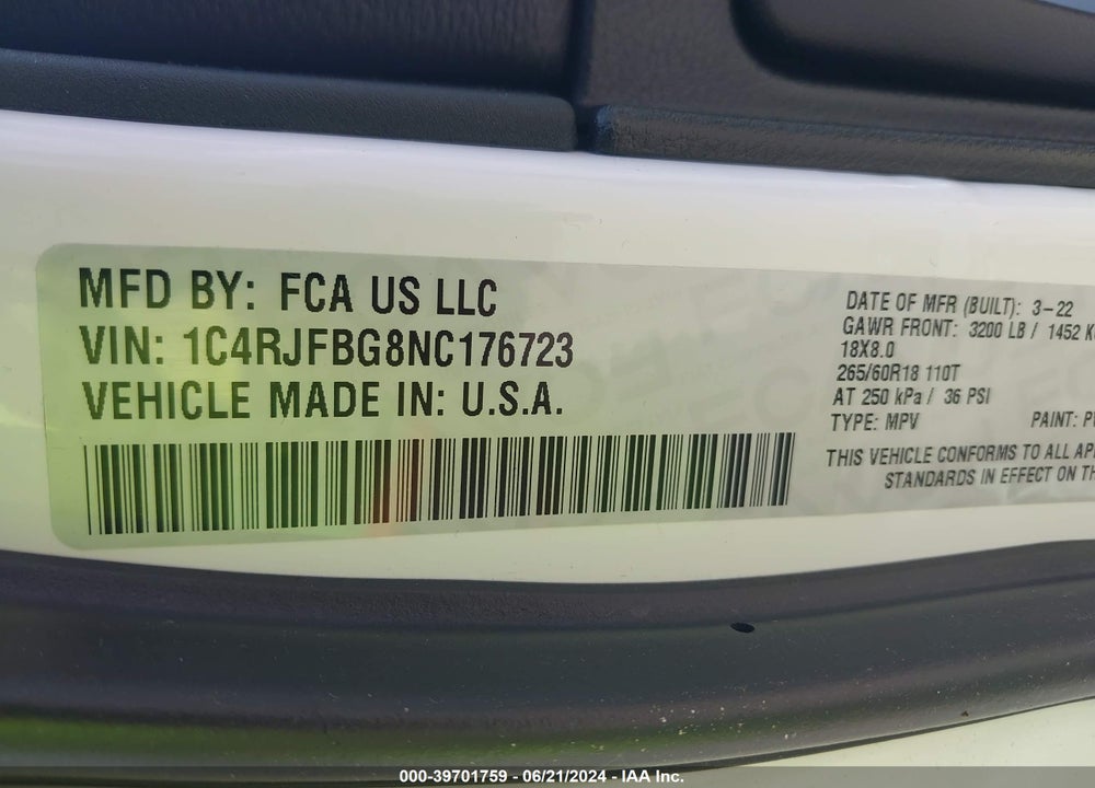2022 JEEP GRAND CHEROKEE WK LIMITED 4X4 VIN: 1C4RJFBG8NC176723