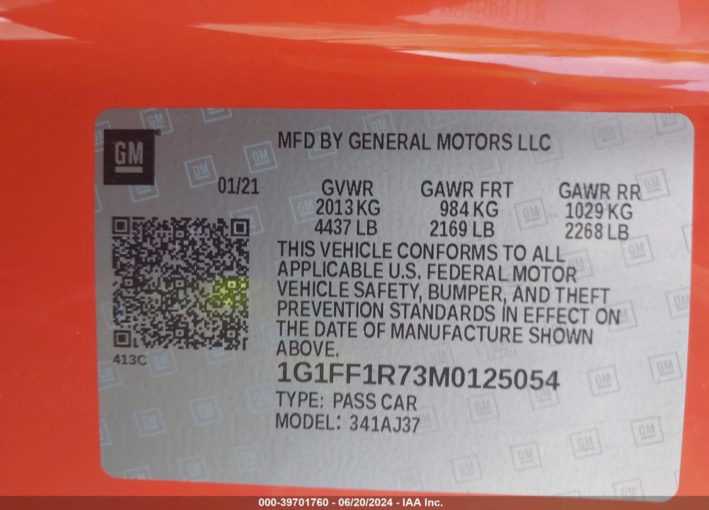 2021 CHEVROLET CAMARO RWD LT1 VIN: 1G1FF1R73M0125054