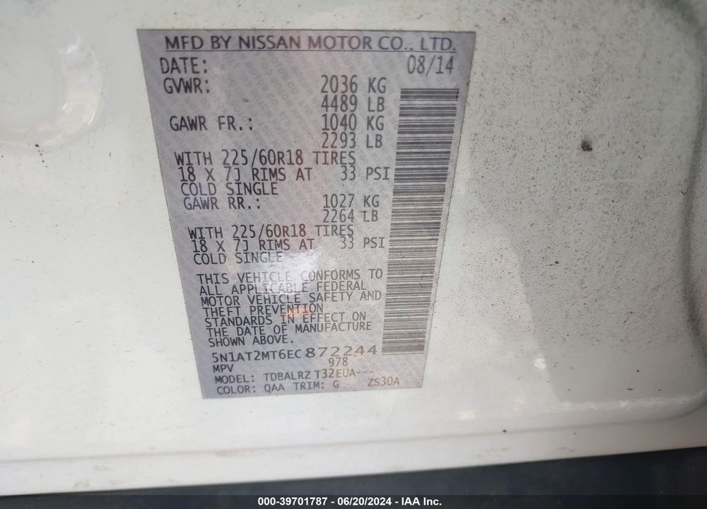2014 NISSAN ROGUE SL VIN: 5N1AT2MT6EC872244