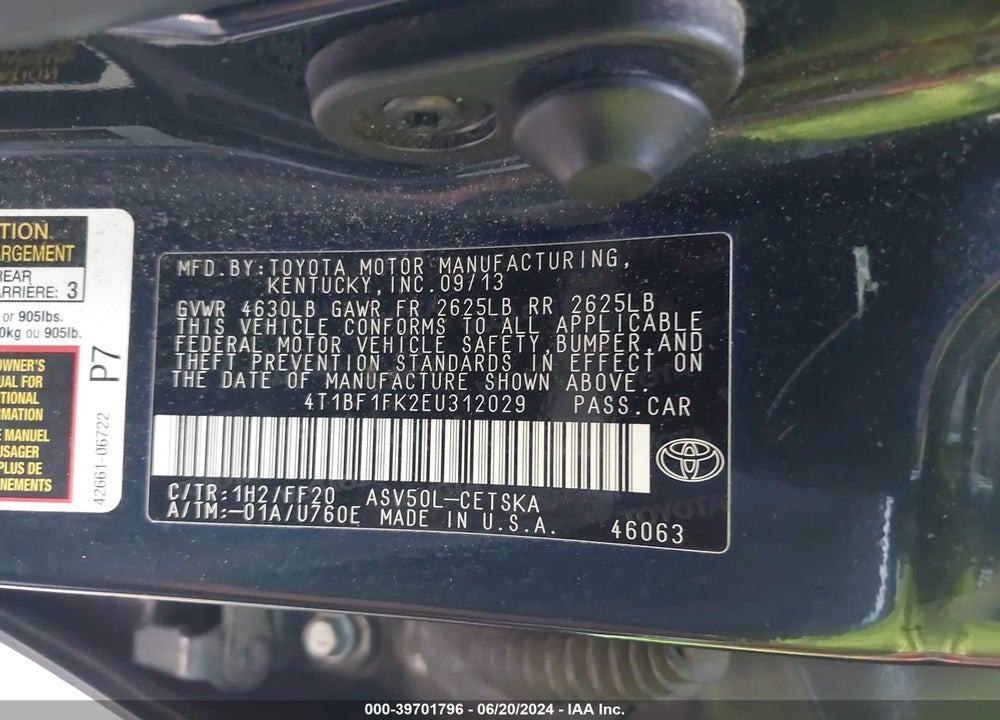 2014 TOYOTA CAMRY SE VIN: 4T1BF1FK2EU312029