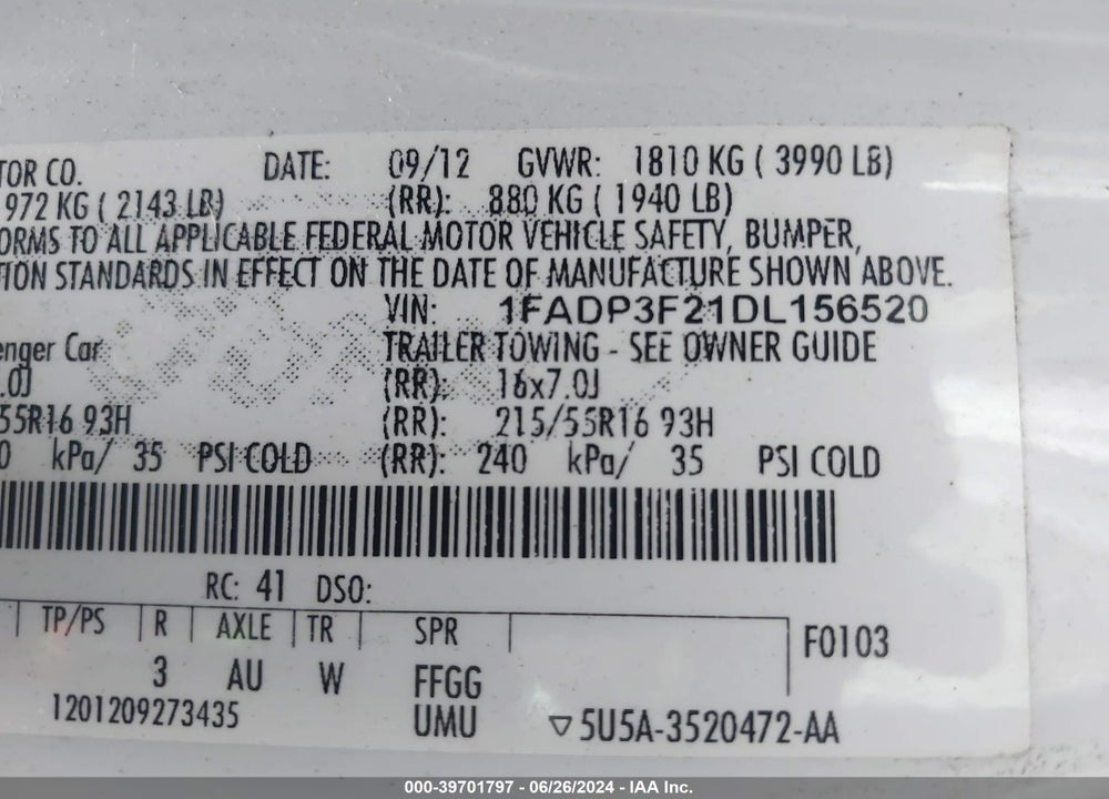 2013 FORD FOCUS SE VIN: 1FADP3F21DL156520