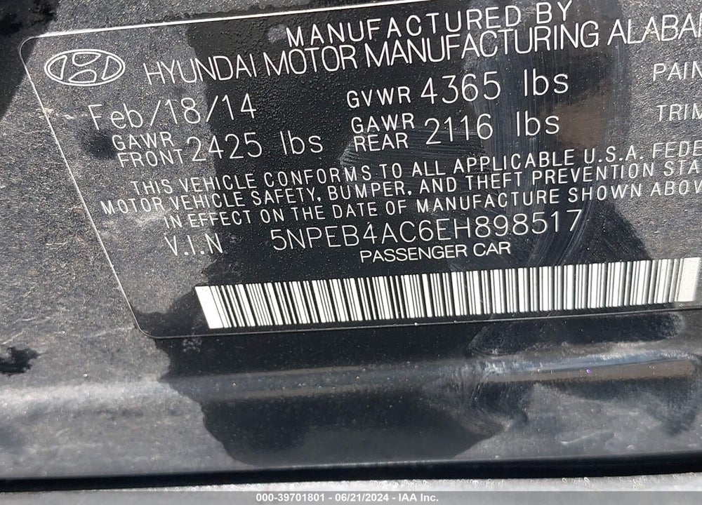2014 HYUNDAI SONATA VIN: 5NPEB4AC6EH898517