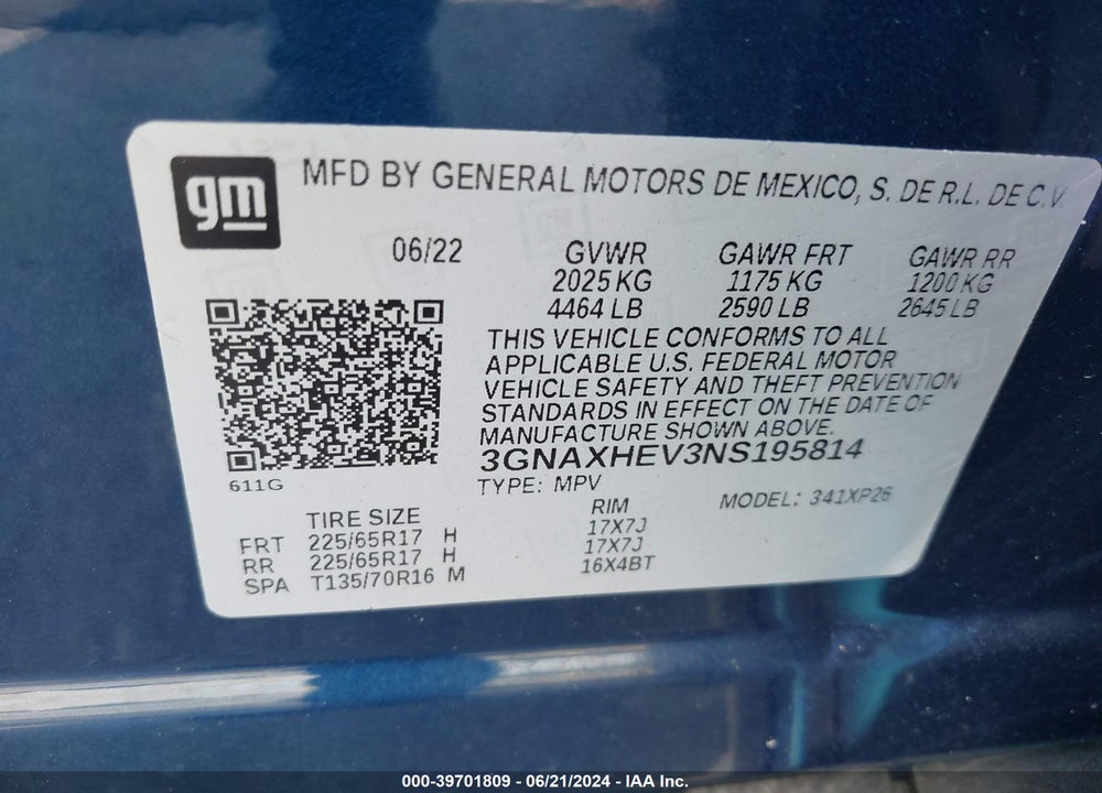 2022 CHEVROLET EQUINOX FWD LS VIN: 3GNAXHEV3NS195814