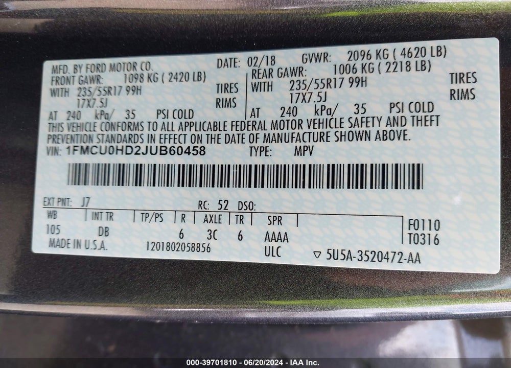 2018 FORD ESCAPE SEL VIN: 1FMCU0HD2JUB60458