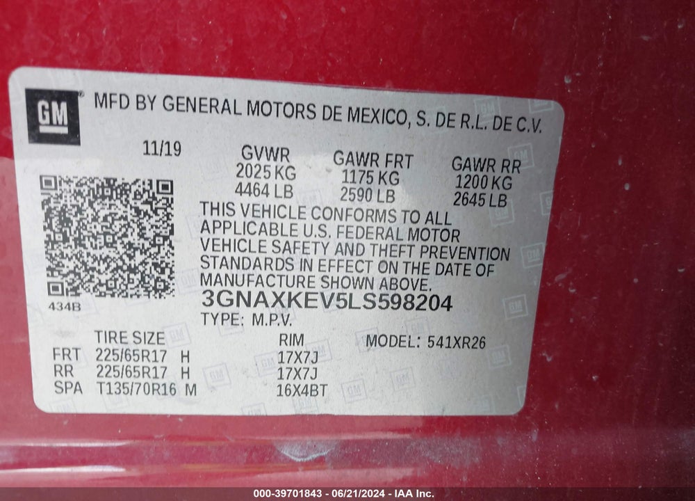 2020 CHEVROLET EQUINOX FWD LT 1.5L TURBO VIN: 3GNAXKEV5LS598204