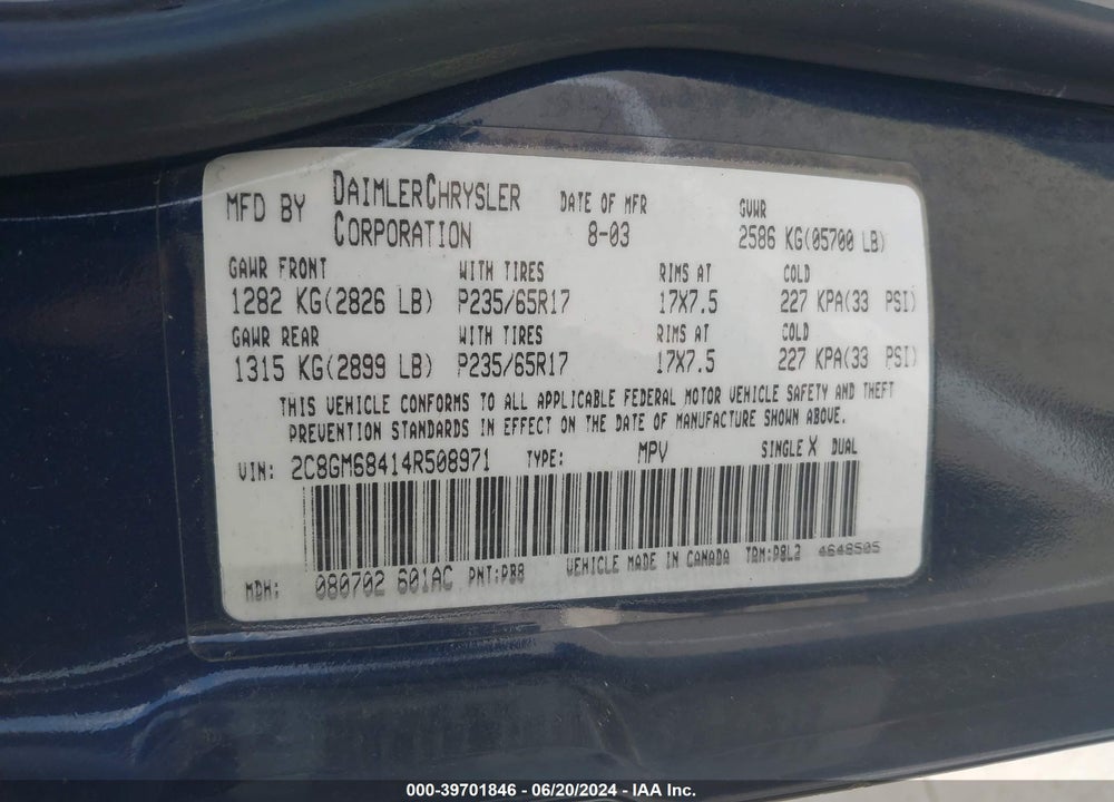 2004 CHRYSLER PACIFICA VIN: 2C8GM68414R508971