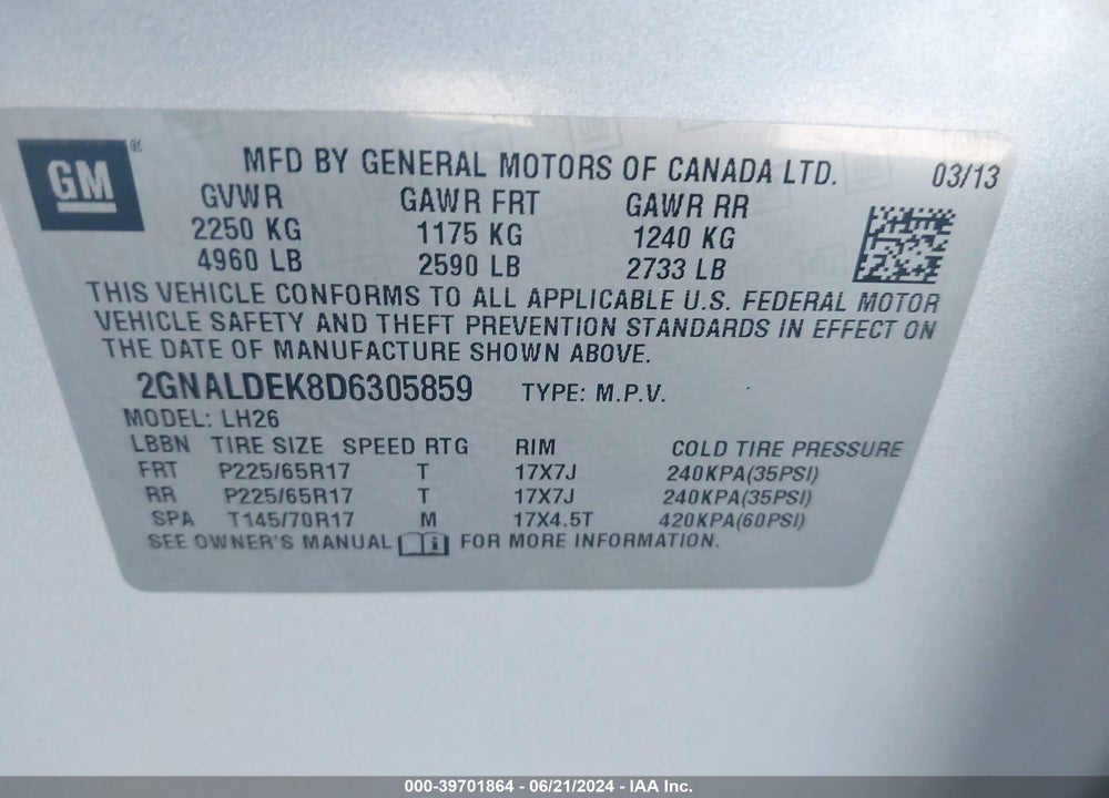 2013 CHEVROLET EQUINOX 1LT VIN: 2GNALDEK8D6305859