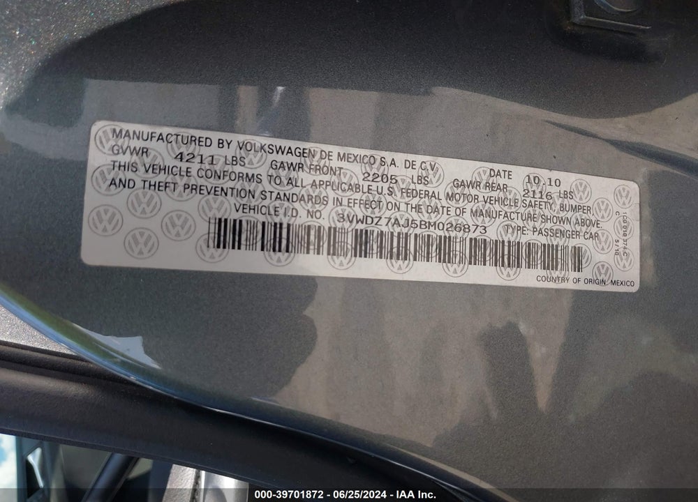 2011 VOLKSWAGEN JETTA 2.5L SE VIN: 3VWDZ7AJ5BM026873