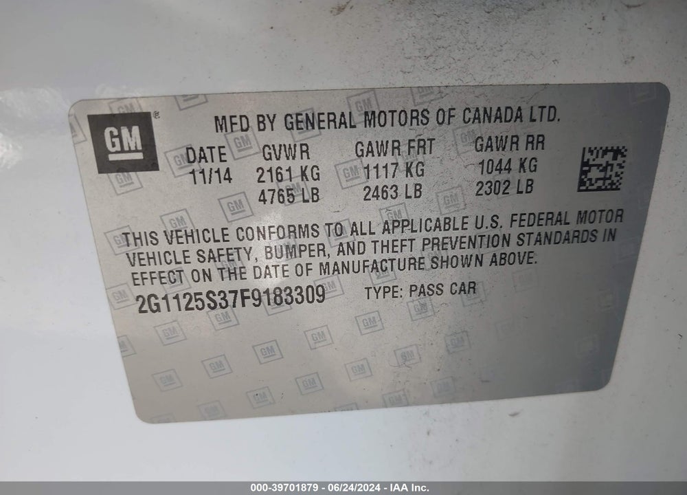2015 CHEVROLET IMPALA 2LT VIN: 2G1125S37F9183309
