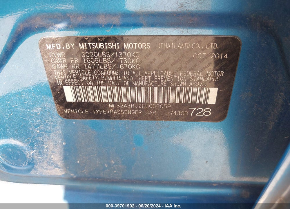 2015 MITSUBISHI MIRAGE DE/RF VIN: ML32A3HJ2FH032059