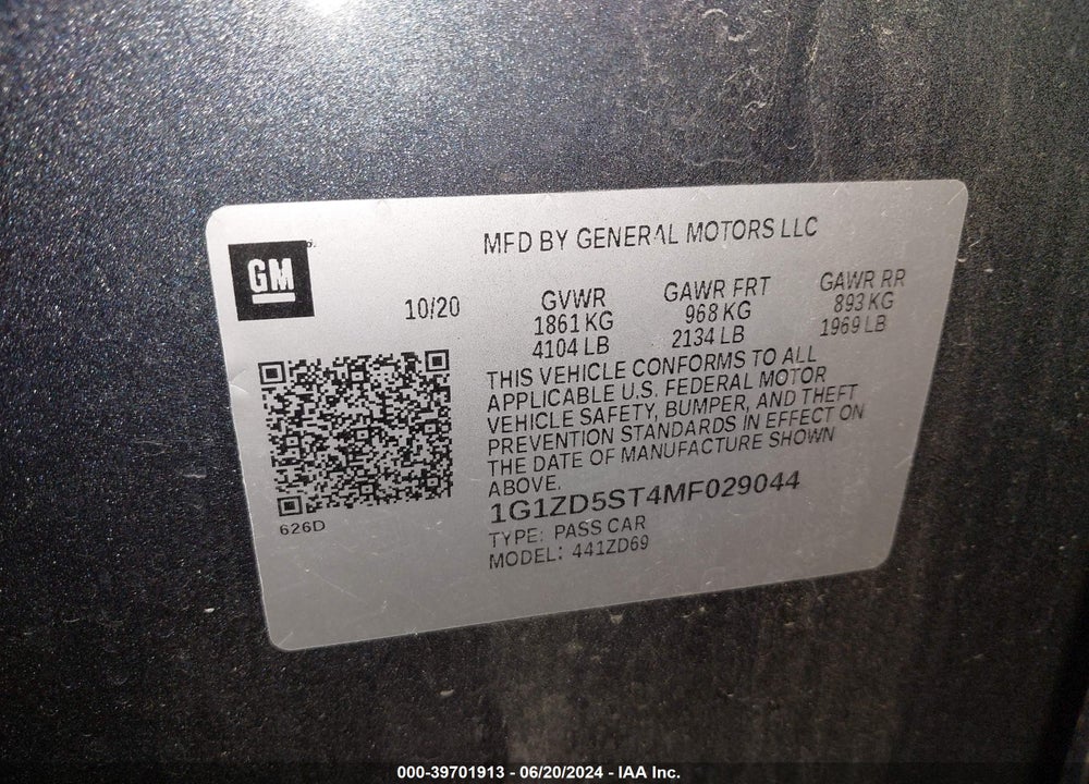 2021 CHEVROLET MALIBU FWD LT VIN: 1G1ZD5ST4MF029044