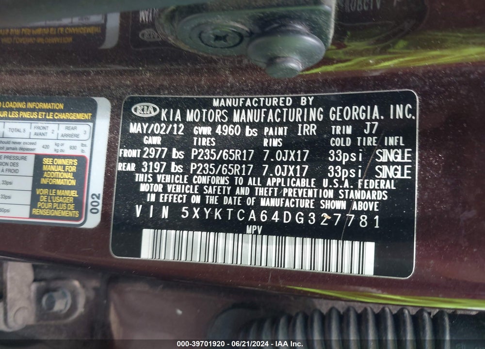 2013 KIA SORENTO LX VIN: 5XYKTCA64DG327781