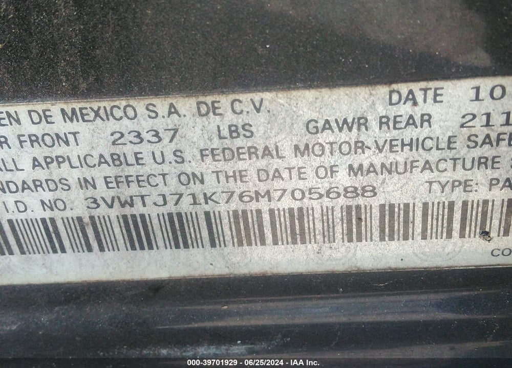 2006 VOLKSWAGEN JETTA GLI VIN: 3VWTJ71K76M705688
