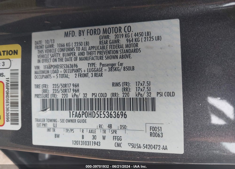 2014 FORD FUSION SE VIN: 1FA6P0HD5E5363696