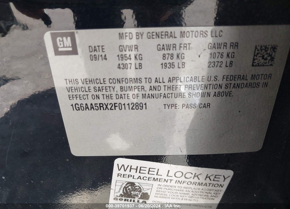 2015 CADILLAC ATS STANDARD VIN: 1G6AA5RX2F0112891