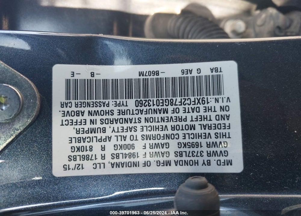 2016 HONDA CIVIC EX VIN: 19XFC2F78GE013260