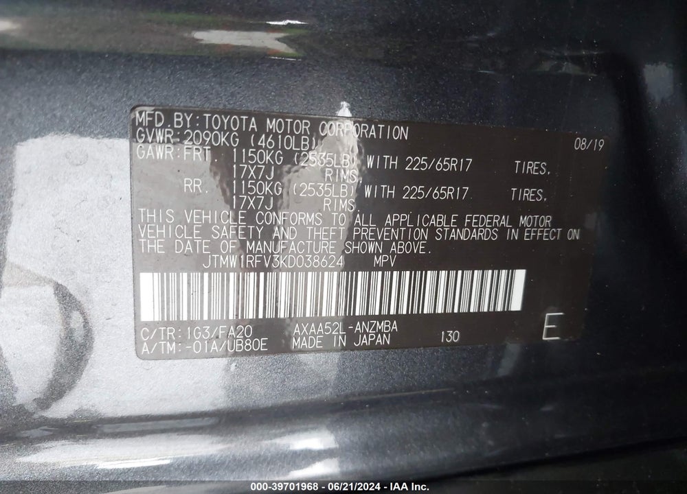 2019 TOYOTA RAV4 XLE VIN: JTMW1RFV3KD038624
