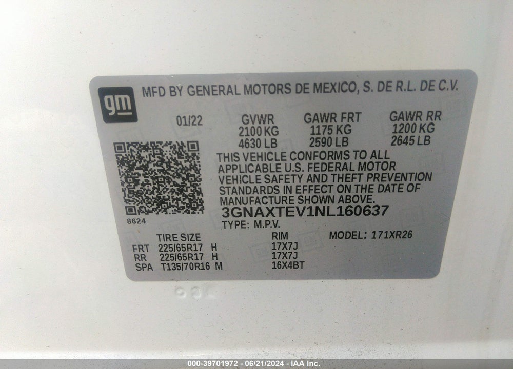 2022 CHEVROLET EQUINOX AWD 2FL VIN: 3GNAXTEV1NL160637