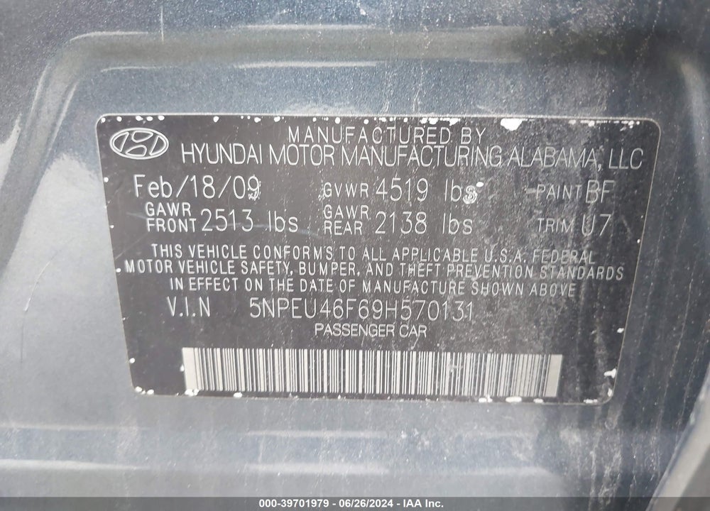 2009 HYUNDAI SONATA LIMITED V6 VIN: 5NPEU46F69H570131