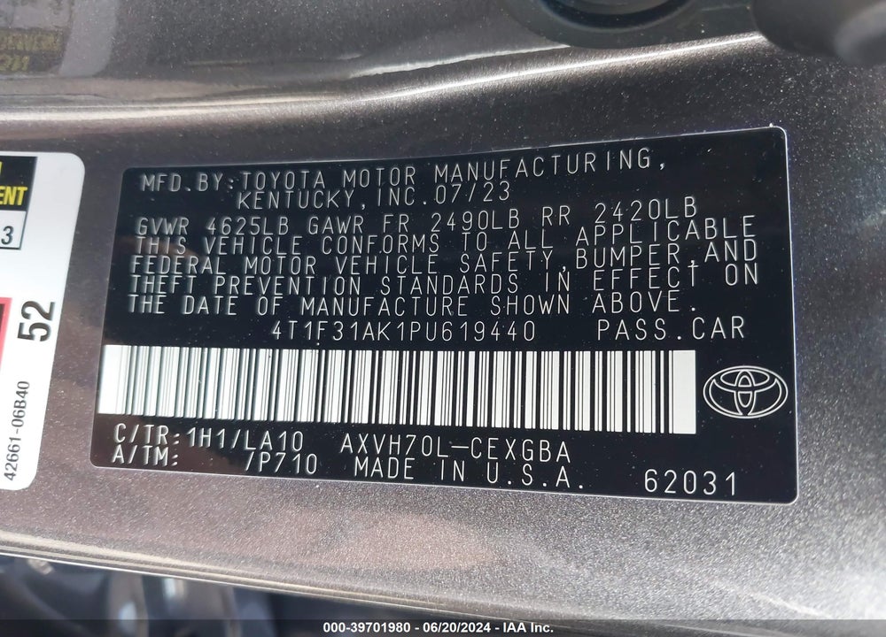 2023 TOYOTA CAMRY XLE HYBRID VIN: 4T1F31AK1P4619440