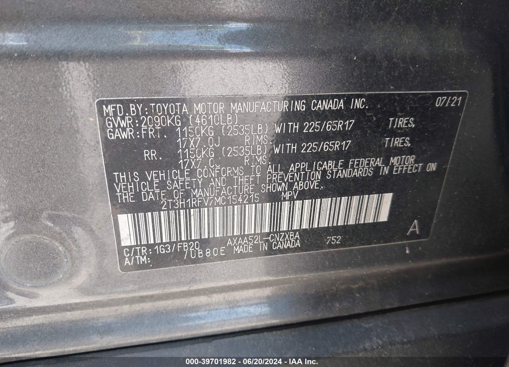 2021 TOYOTA RAV4 LE VIN: 2T3H1RFV7MC154215
