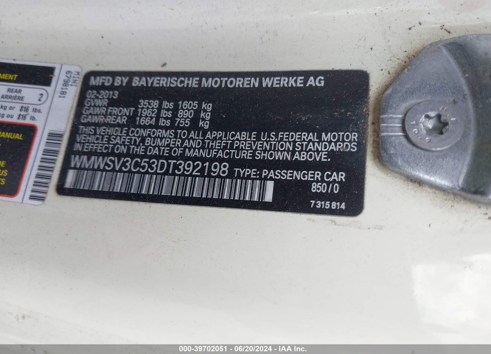 2013 MINI HARDTOP VIN: WMWSV3C53DT392198